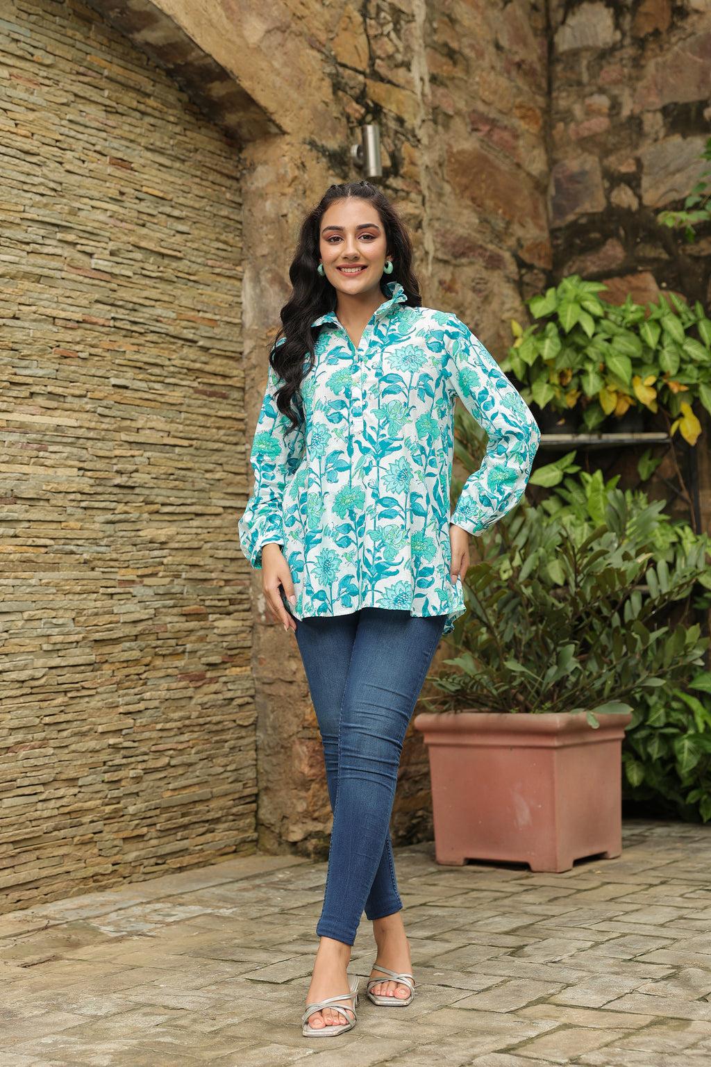 White & Turquoise Printed Peasant Shirt with Frill Details