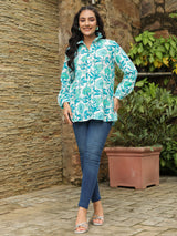 White & Turquoise Printed Peasant Shirt with Frill Details