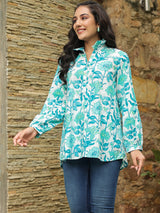 White & Turquoise Printed Peasant Shirt with Frill Details