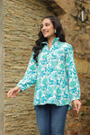 White & Turquoise Printed Peasant Shirt with Frill Details