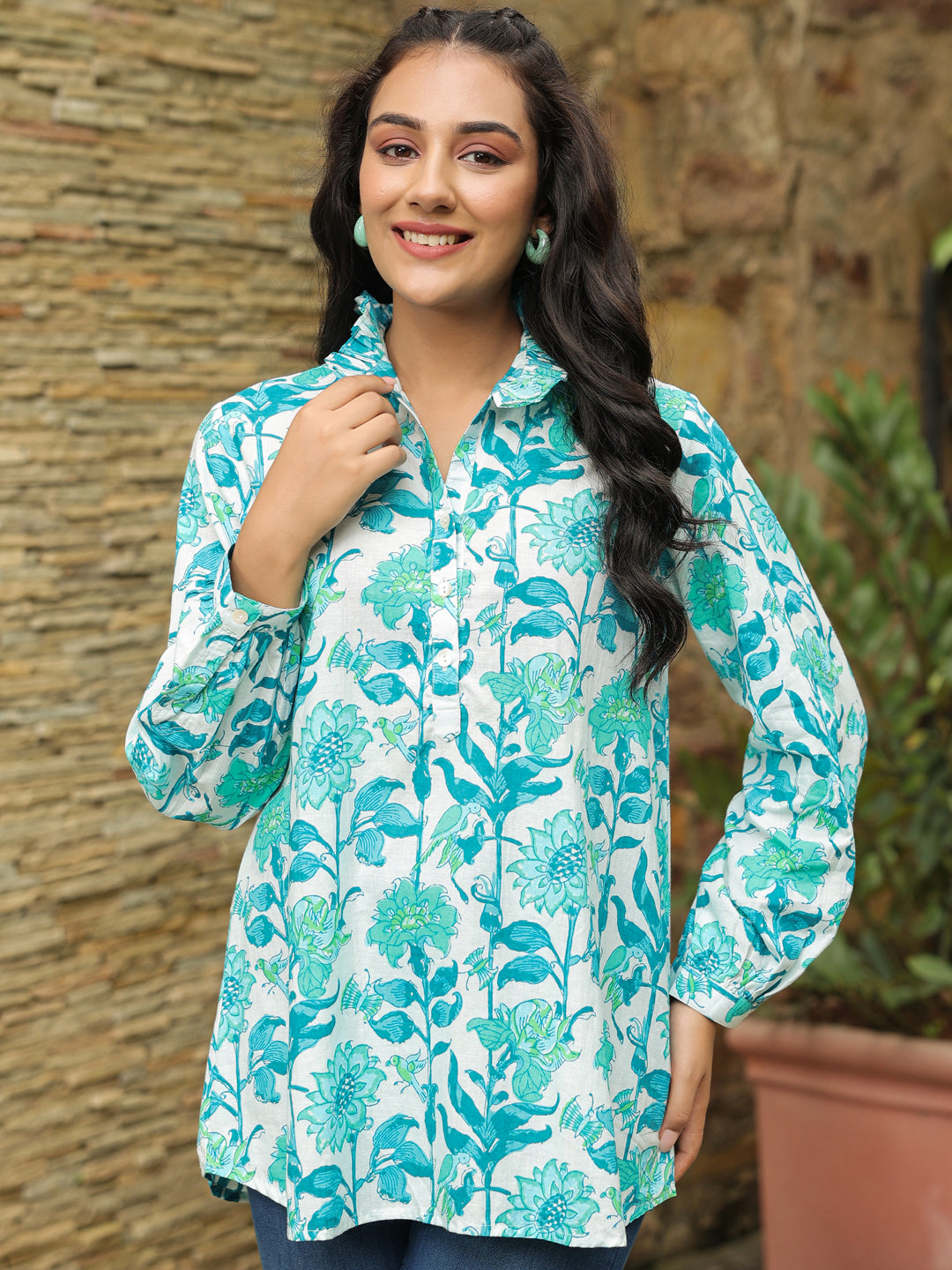 White & Turquoise Printed Peasant Shirt with Frill Details