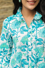 White & Turquoise Printed Peasant Shirt with Frill Details