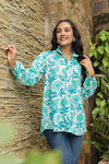 White & Turquoise Printed Peasant Shirt with Frill Details