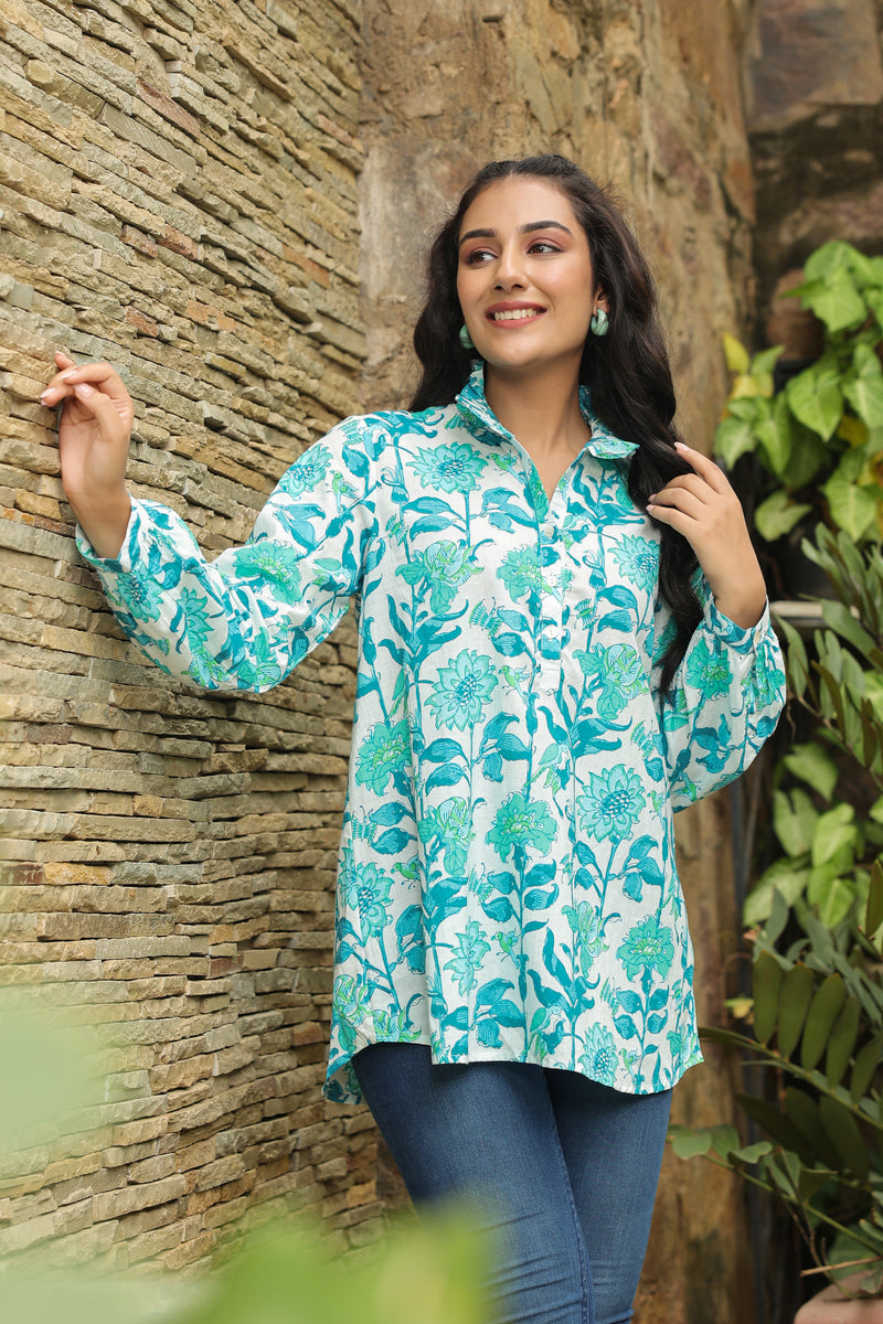 White & Turquoise Printed Peasant Shirt with Frill Details