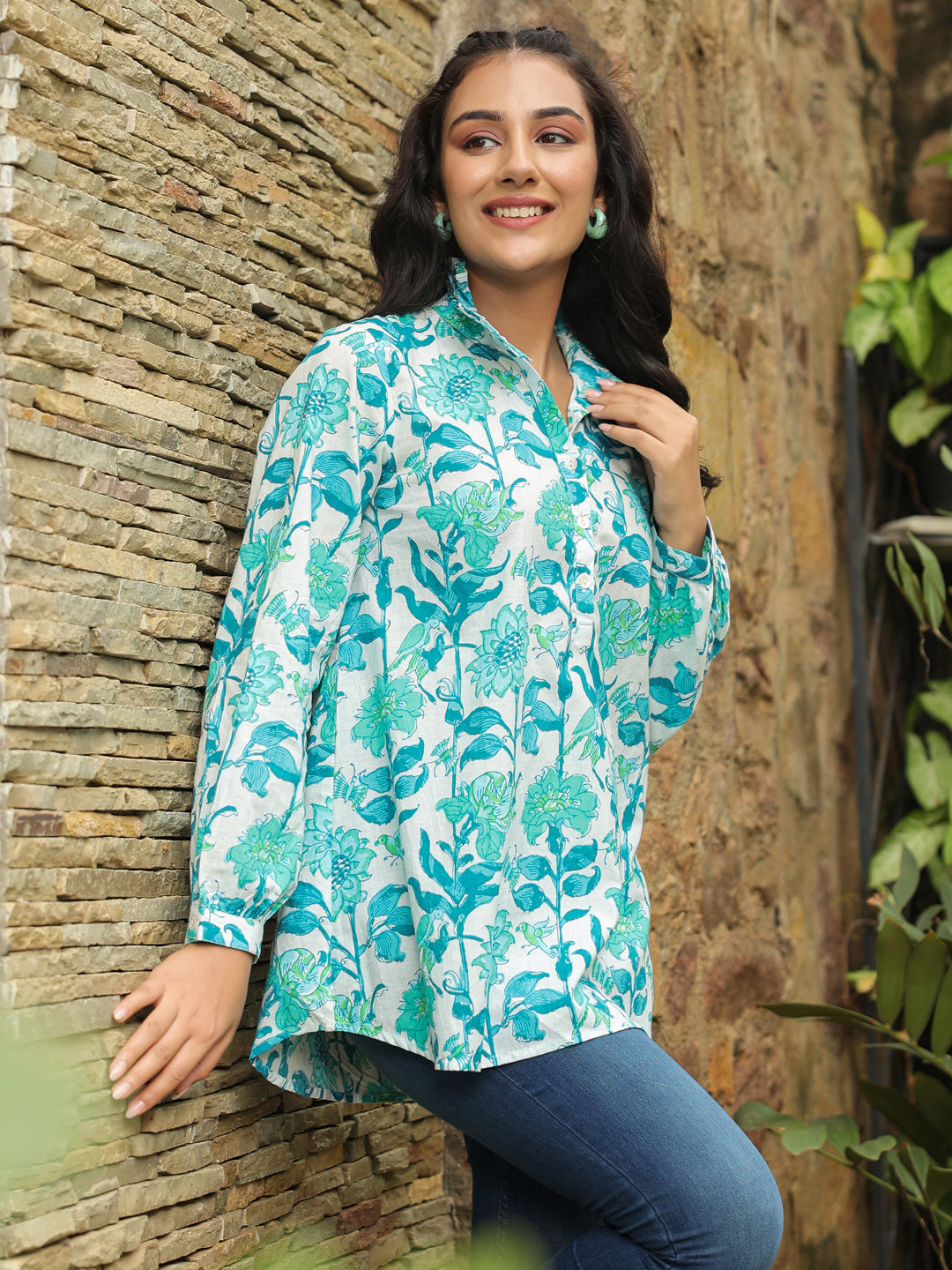 White & Turquoise Printed Peasant Shirt with Frill Details