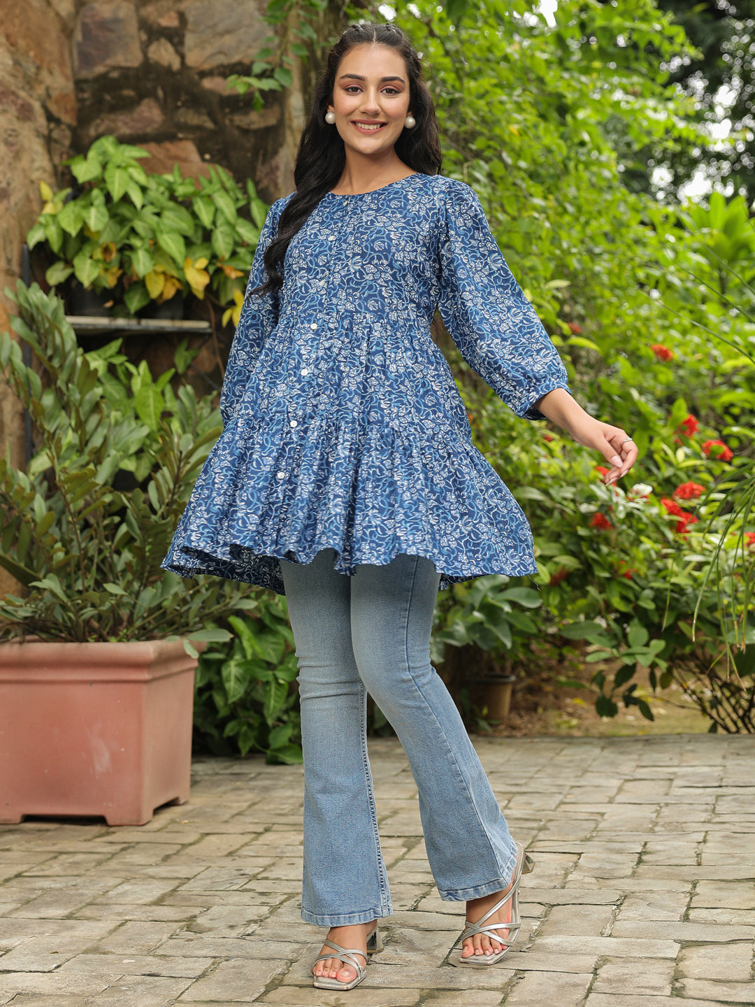 Indigo Multi-Tier Flare Top with Button Closure