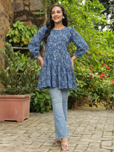 Indigo Multi-Tier Flare Top with Button Closure