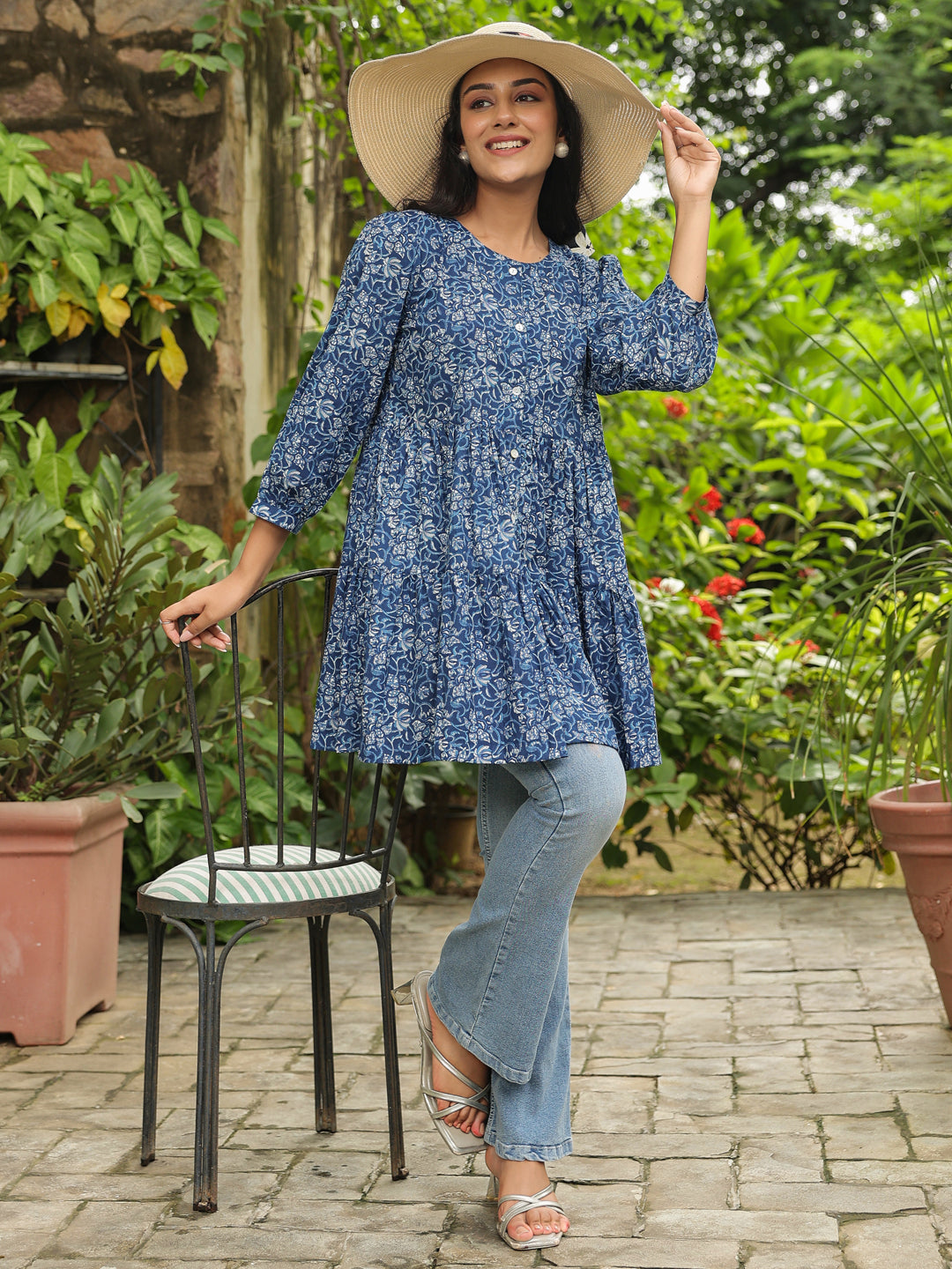 Indigo Multi-Tier Flare Top with Button Closure