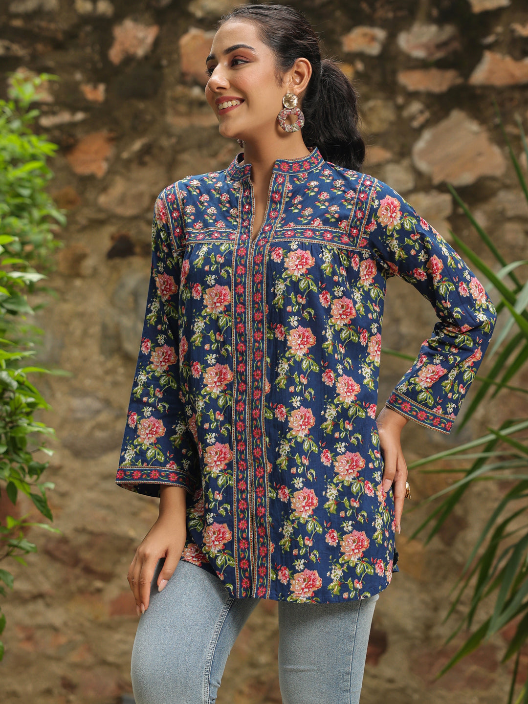 Blue Floral Printed Long Top