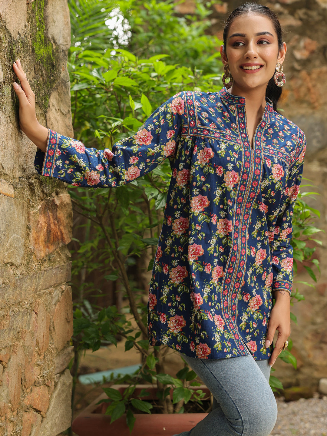 Blue Floral Printed Long Top