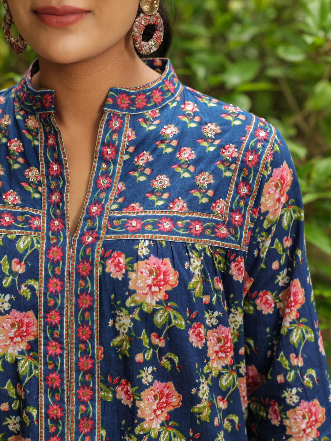 Blue Floral Printed Long Top