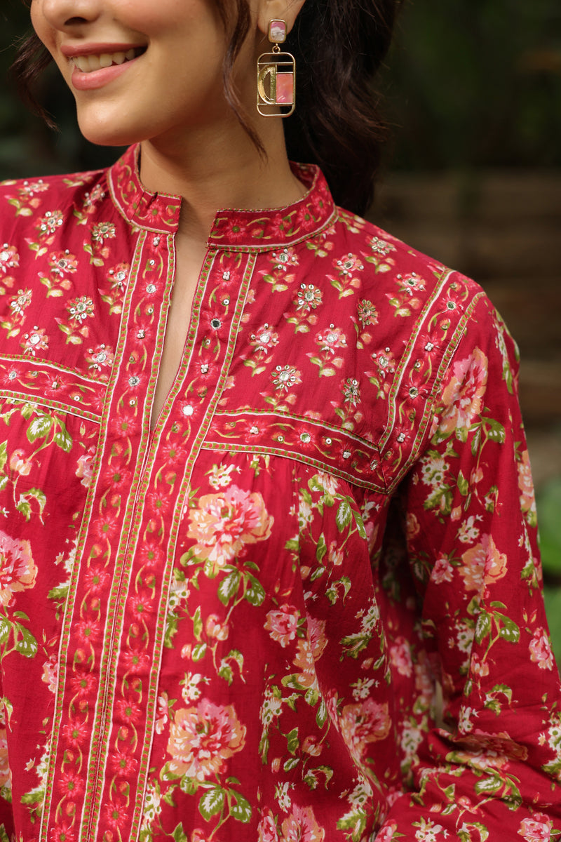 Red Floral Printed Long Top