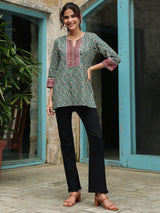 Dark Green Printed Sequinned Pure Cotton Kurti