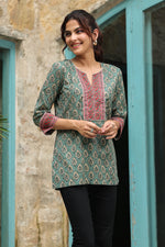 Dark Green Printed Sequinned Pure Cotton Kurti