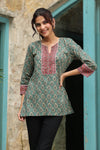 Dark Green Printed Sequinned Pure Cotton Kurti