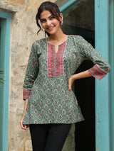 Dark Green Printed Sequinned Pure Cotton Kurti