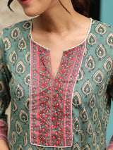 Dark Green Printed Sequinned Pure Cotton Kurti