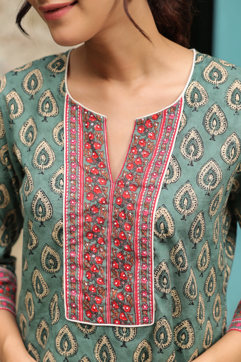 Dark Green Printed Sequinned Pure Cotton Kurti