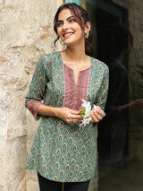 Dark Green Printed Sequinned Pure Cotton Kurti