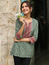 Dark Green Printed Sequinned Pure Cotton Kurti