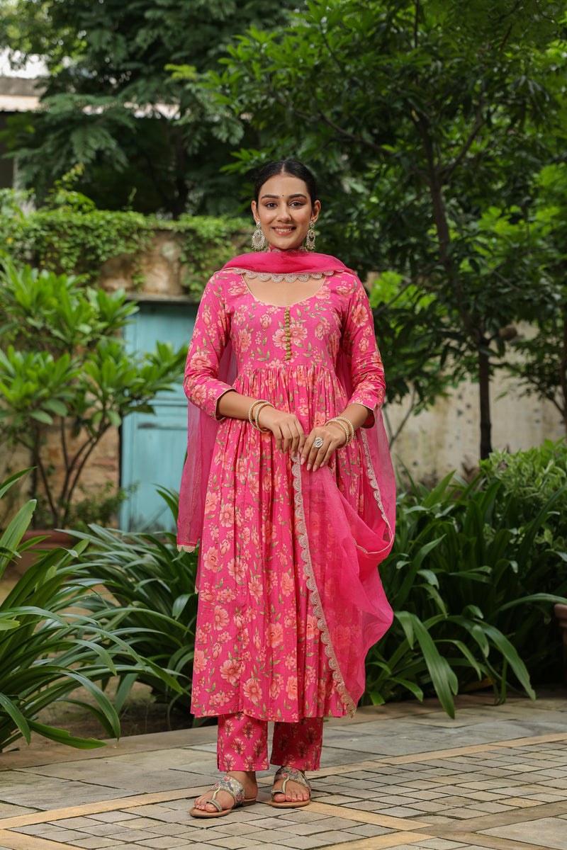 Pink Printed Anarkali Suit Set