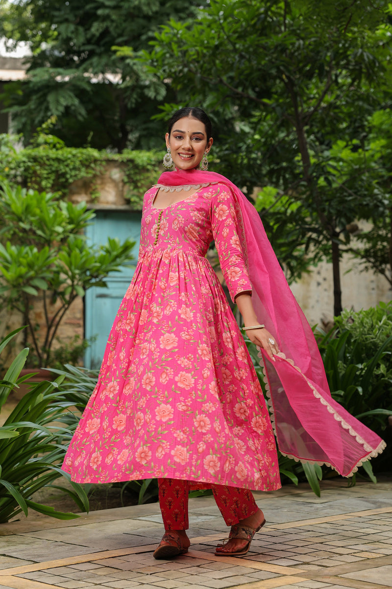 Pink Printed Anarkali Suit Set