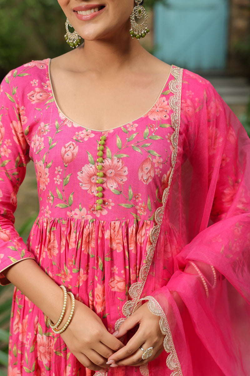 Pink Printed Anarkali Suit Set