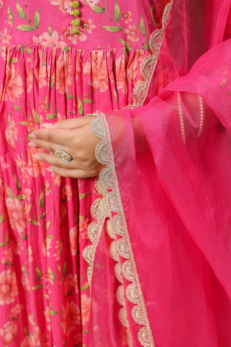 Pink Printed Anarkali Suit Set