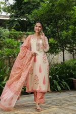 Mughal Motif Suit Set with Pants and Kota Doria Dupatta