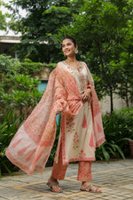 Mughal Motif Suit Set with Pants and Kota Doria Dupatta