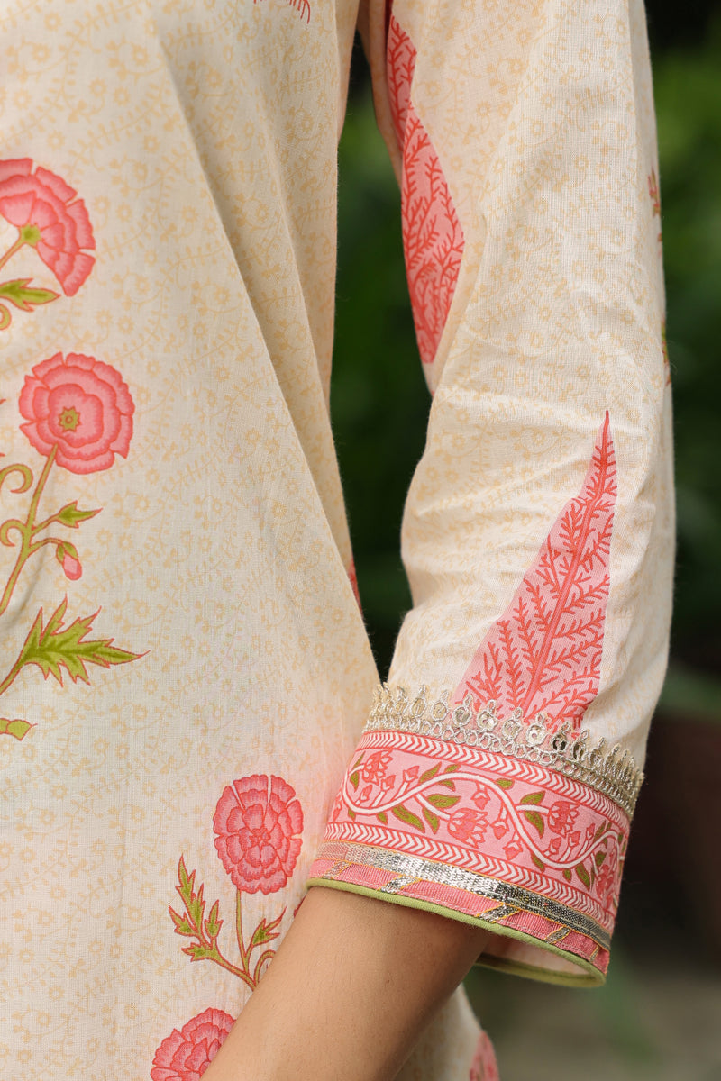 Mughal Motif Suit Set with Pants and Kota Doria Dupatta