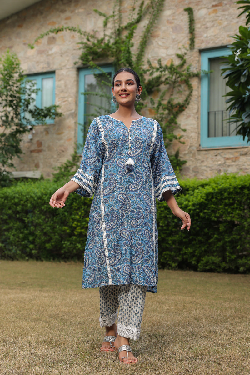 Paisley Blue Printed Afghani Chogha