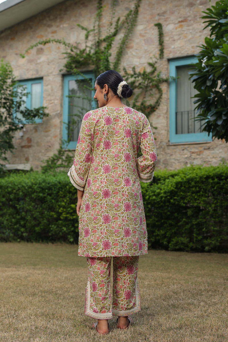 Boho Printed Co-ord Set  with Mirror Lace for Festival Wear