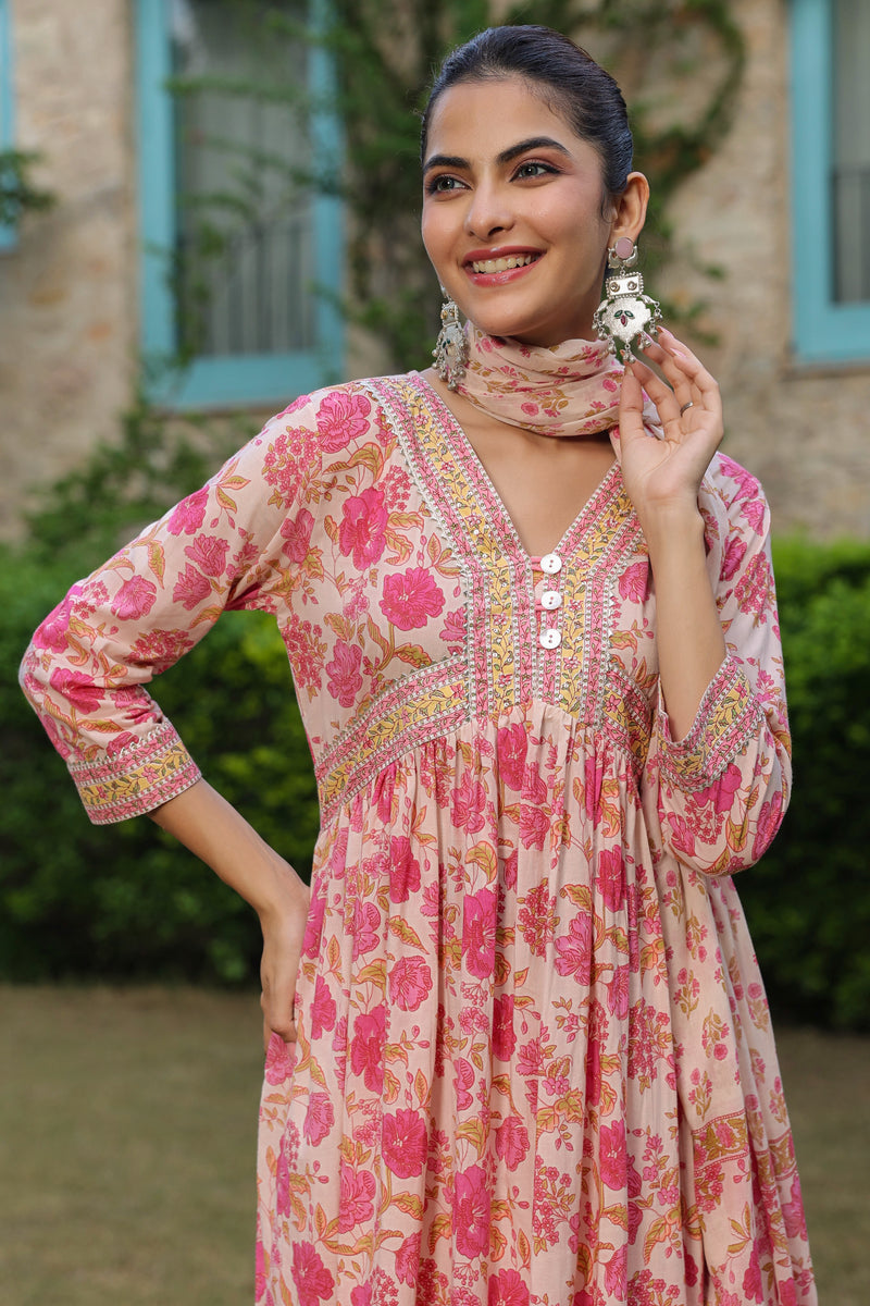 Floral Printed Empire Sequinned Pure Cotton Kurta With Trousers & Dupatta