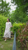 White Printed Cotton Maxi Dress with Three-Quarter Elasticated Sleeves