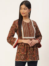 Mustard Yellow & Brown Pure Cotton Block Print A-Line Top