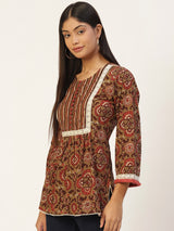 Mustard Yellow & Brown Pure Cotton Block Print A-Line Top