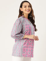 Floral Print Mandarin Collar Cotton Top