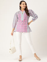 Floral Print Mandarin Collar Cotton Top