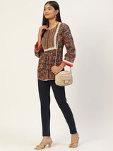 Blue & Rust Brown Pure Cotton Block Print A-Line Top