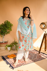 Blue Printed Cotton Lace Suit Set with Dupatta