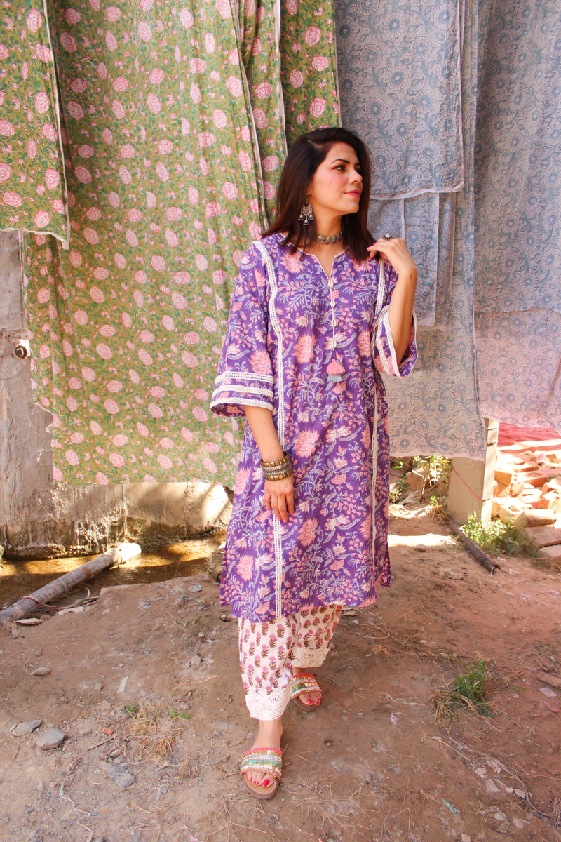 Purple Handblock Printed Afghani Chogha and Salwar