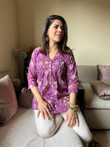 Purple Floral Print Gathered or Pleated Pure Cotton Regular Ethnic Top