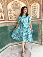 Floral Print Puff Sleeve Cotton A-Line Midi Dress