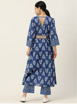 Women Blue Printed Angrakha Beads & Stones Pure Cotton Kurta with Trousers